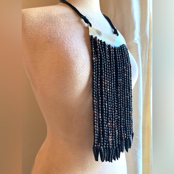 Sweet Olive Boho Horn, Wood and Leather Fringe Necklace w Horn Clasp - Picture 2 of 4